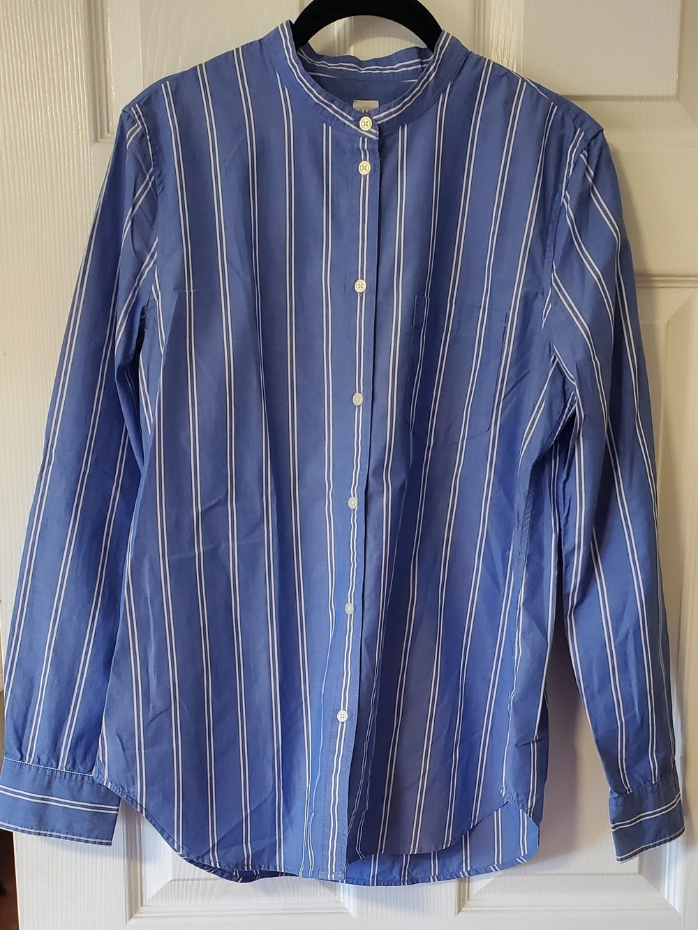 GAP Men's Blue and White Vertical Stripe Band-Collar Shirt